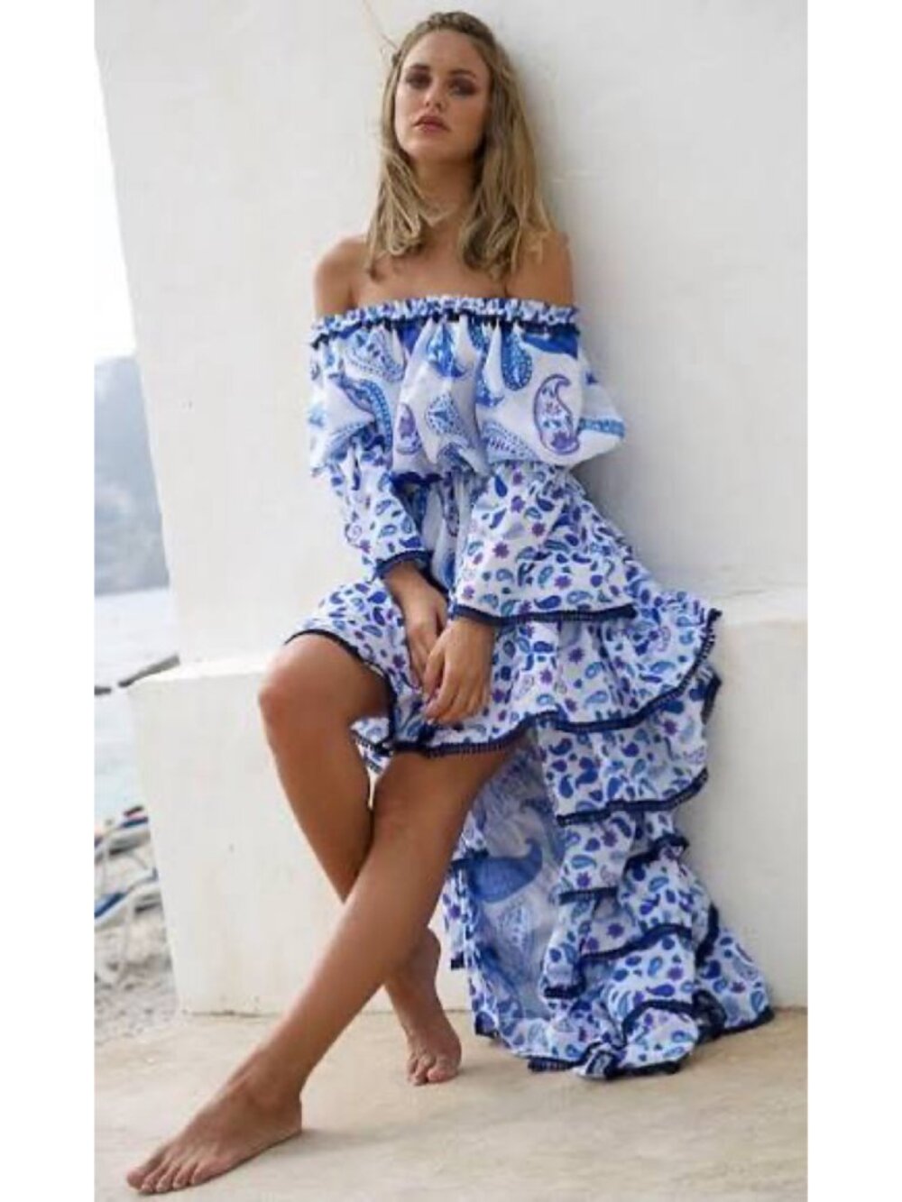 Jody Bell Off The Shoulder Hi-Low Layered Silk Dress Blue Paisley Print